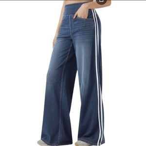 HALARA Flex High Waisted Stripe Wide Leg Flowy Washed Casual Jeans with Pockets